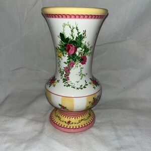 Floral Ceramic Vase with Pink and Yellow Accents